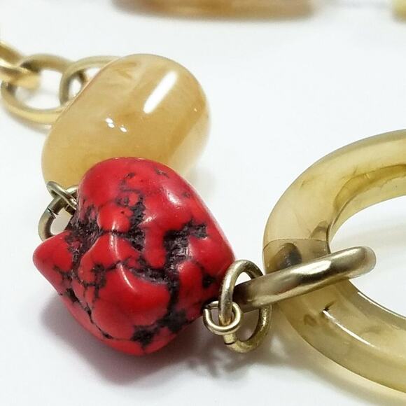 Chico's Red Gemstone Gold Tone Metal Chain Lucite Rings Necklace or Belt, 43 In - Picture 8 of 8